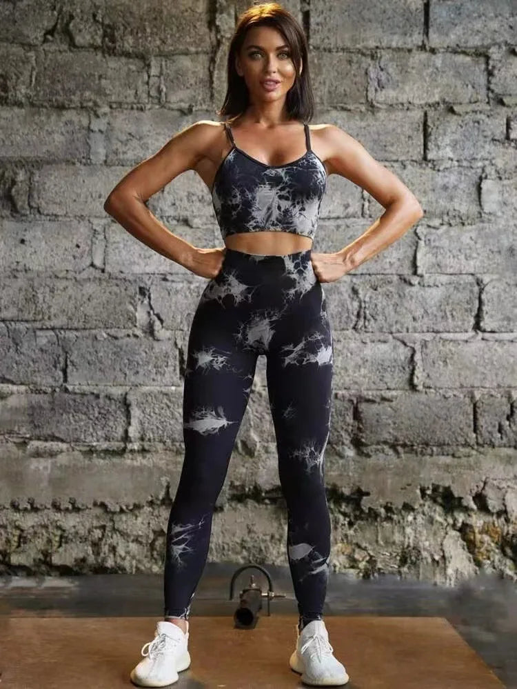 Conjunto deportivo de yoga con teñido anudado para mujer, conjunto deportivo de fitness, sujetador deportivo y leggings de cintura alta, ropa de gimnasio, trajes deportivos sin costuras