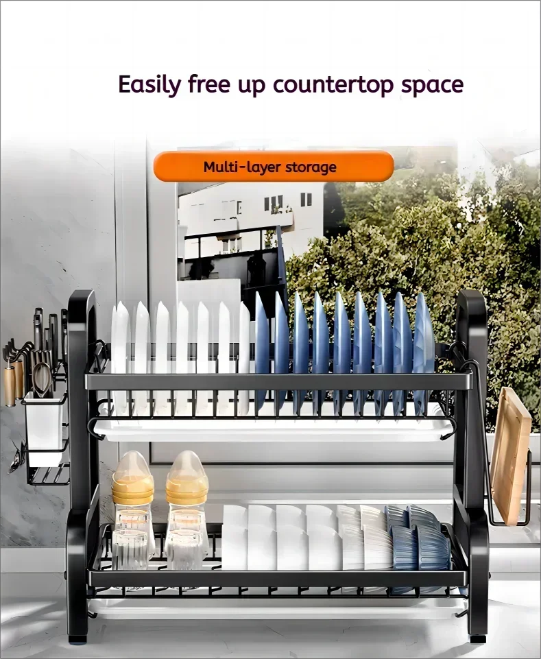 25NEW Dish Drying Rack 2-Tier Compact Kitchen Dish Rack Drainboard Set Large Rust-Proof Dish Drainer with Utensil Holder