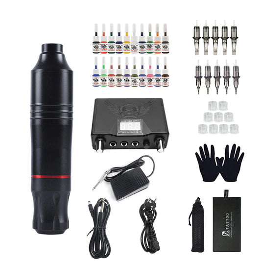 Kit de tatuaje rotativo, máquina de tatuaje, pluma, agujas, tintas de tatuaje, fuente de alimentación, pedal de tatuaje para principiantes. 