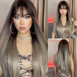 Light Wine Red Synthetic Wigs With Bangs for Women, Long Straight Hair Wig, Natural Cosplay Party, Heat Resistant