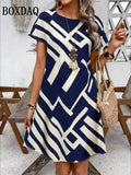 Summer Short Sleeve Loose A-Line Dresses Fashion Geometric Stripes 3D Print Dress Casual Loose Plus Size Mini Dress 9XL Clothing