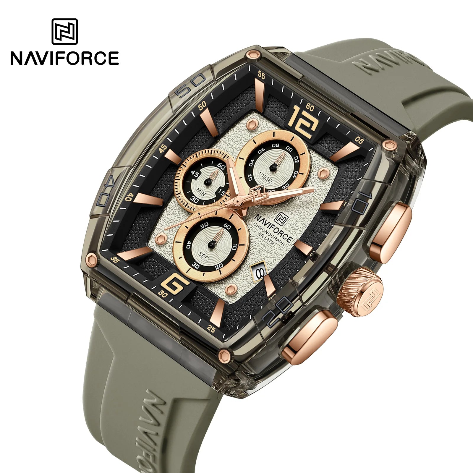 NAVIFORCE 6101 Casual Men's Quartz Watch Tonneau Dial Luminous Waterproof Silicone Strap Outdoor Sports Fashion Watches for Men