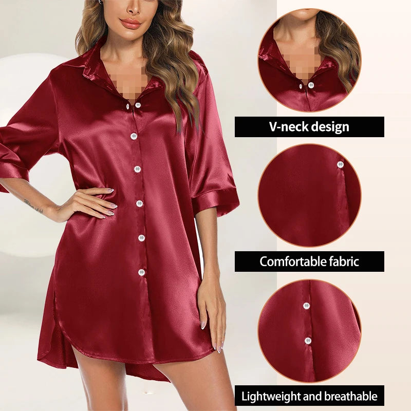 Women's Solid Color Half-Sleeve Single-Breasted Loose Nightshirt for Home Wear Sleepwear