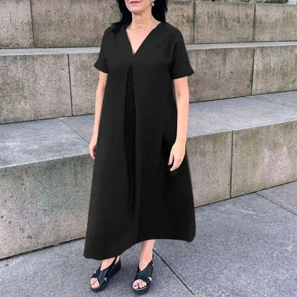 Vestido de manga curta de algodão e cânhamo feminino, decote em v, monocromático, casual, solto, grande, primavera, verão, moda, plus size, L a 5XL