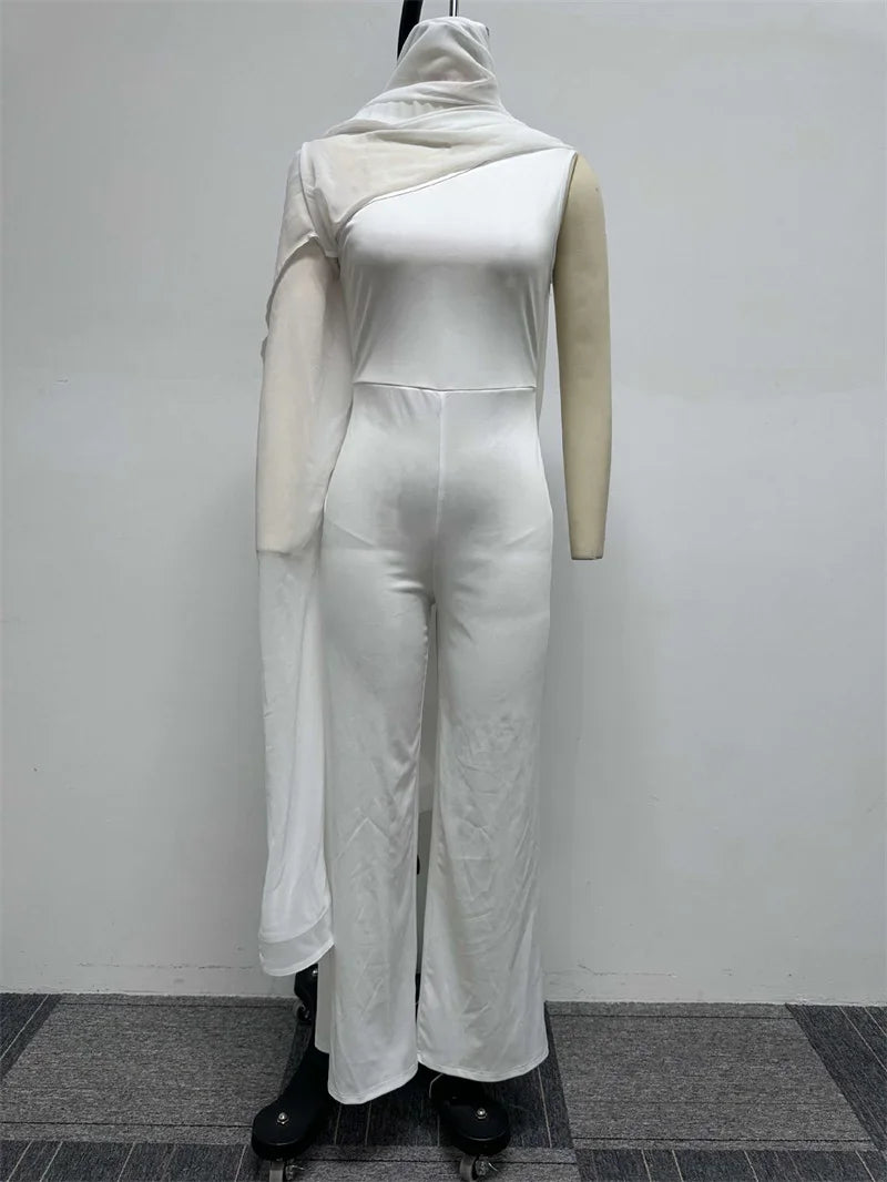 Elegant Chiffon One Shoulder Wide Leg Jumpsuit Women Club Party Birthday Outfits One Pieces Rompers Overalls Combinaison Femme
