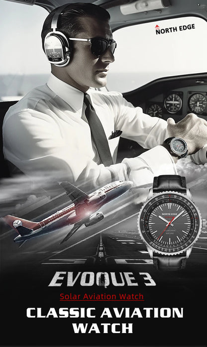 Reloj NORTH EDGE EVOQUE 3 Pilot Series para hombre, de aviación, militar, con energía solar, correa de cuero, caja luminosa de acero inoxidable.
