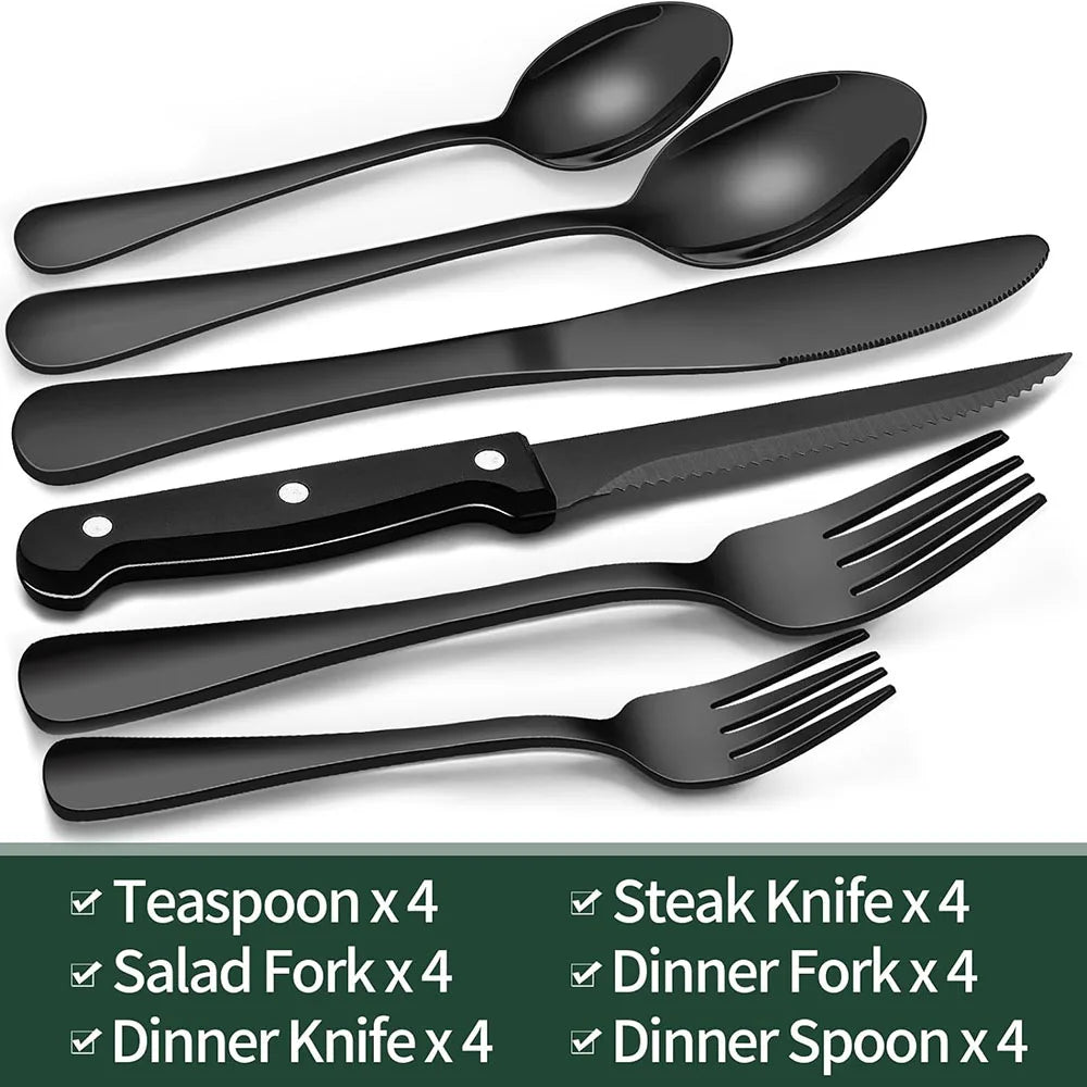 Black Silverware Set with Steak Knives, Flatware Set for 4, Food-Grade Tableware, Cutlery Set, Mirror Finished Utensil Sets