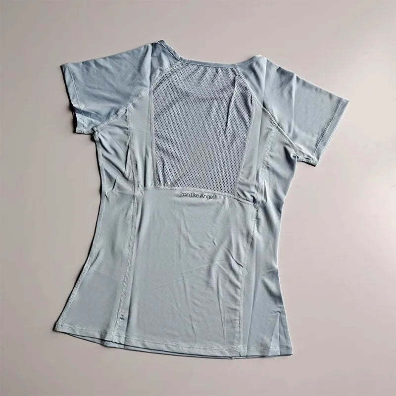 Camiseta deportiva de manga corta para mujer, cuello redondo, malla transpirable de secado rápido para yoga y fitness. 