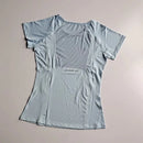 Camisa feminina de manga curta esportiva e fitness, pulôver com gola redonda, camiseta de malha respirável de secagem rápida para ioga e fitness