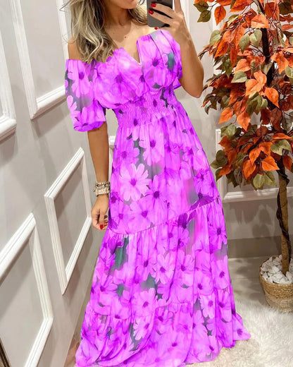 Women's Dresses 2022 Summer Vintage Print Off The Shoulder Casual V Neck Long Sleeved Waist Slim Maxi Dress