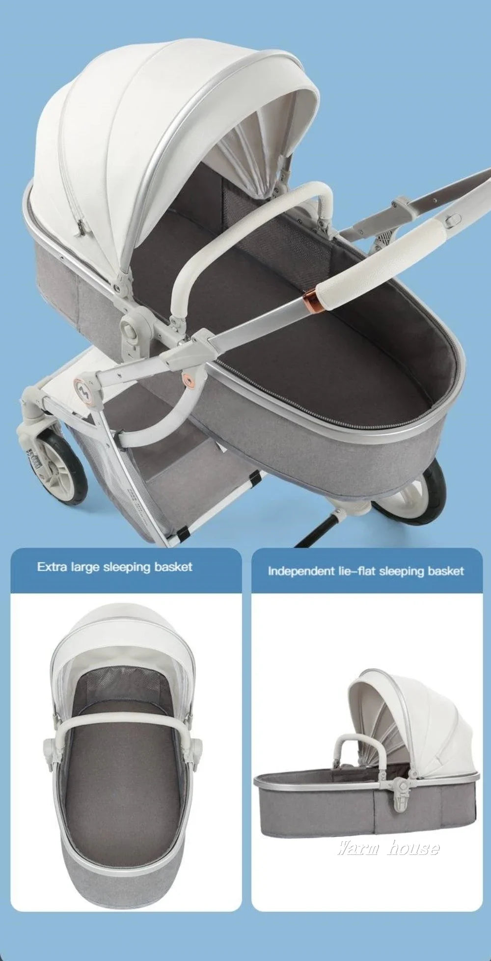 Cochecito de bebé 3 en 1, de lujo, con asiento para el coche, de piel sintética, con diseño de cáscara de huevo y paisaje alto.
