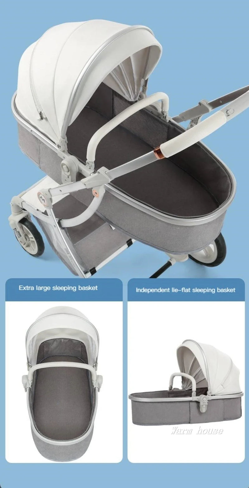 Baby Stroller 3in1,Luxury Baby Carriage with Car Seat,Eggshell Newborn Stroller Leather High Landscape PU leather