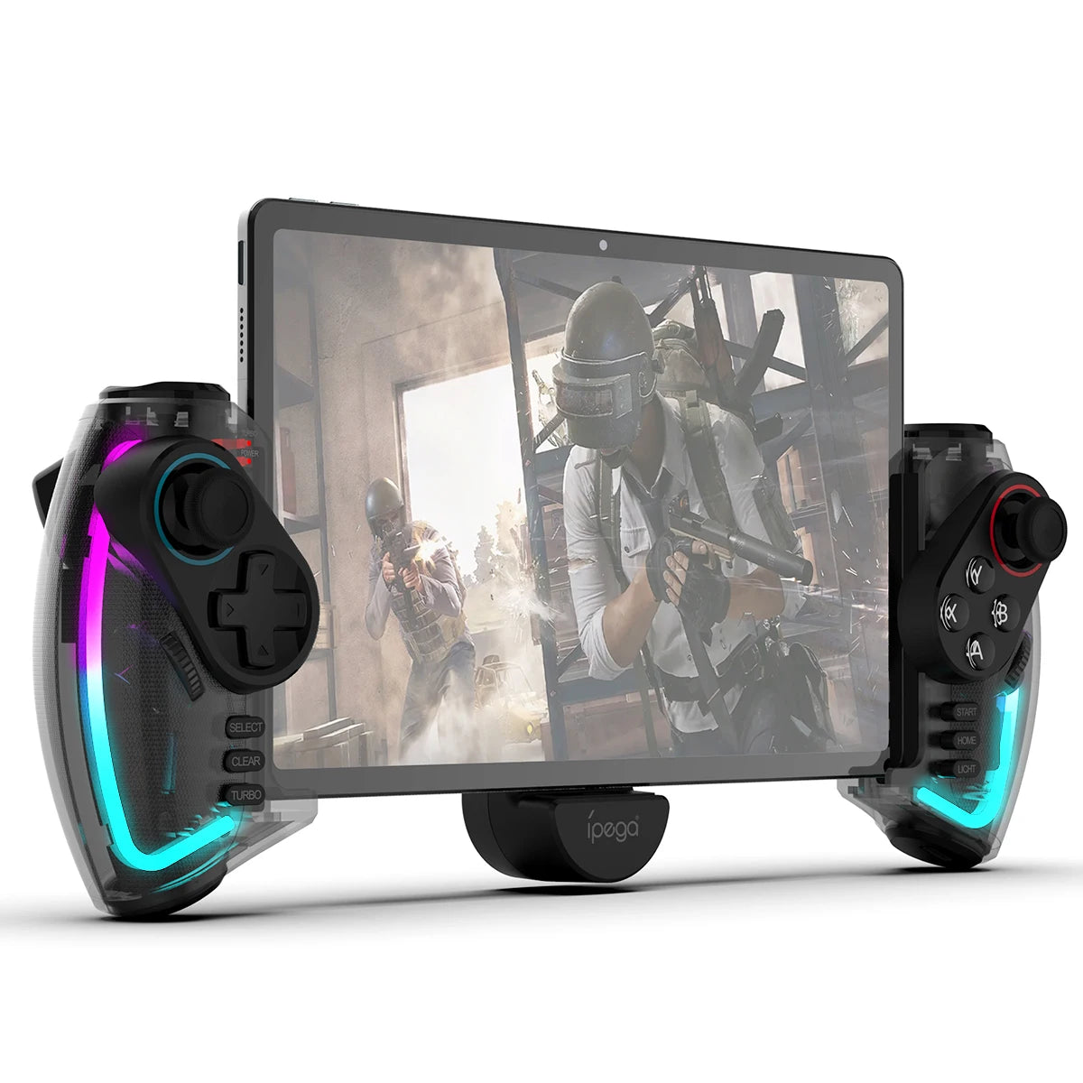 Mando Bluetooth Ipega PG-9777S para Nintendo Switch, Android, iOS, iPad y PC con luz RGB, vibración lineal y control extensible.
