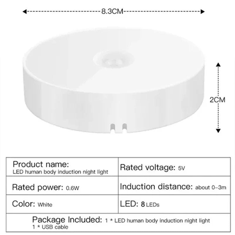 Kit com 2 a 6 unidades de Luz Noturna LED com Sensor de Movimento, Recarregável via USB, 3 Cores de Luz – Ideal para Armários, Guarda-roupas, Escadas e Closets (Sem Fio)