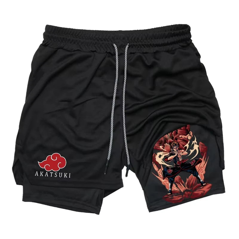 2 in 1 Performance Shorts Athletic Compression Shorts with Towel Loop Pockets Gym Workout Fitness Running Anime Print RL00107