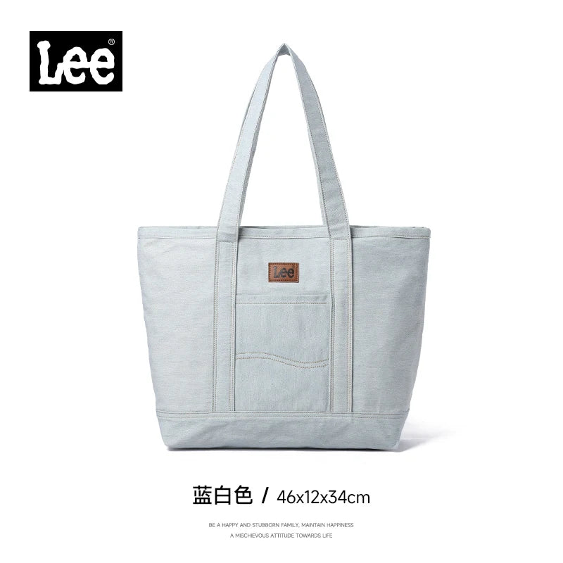 LEE Unisex Utility Canvas Leather Zipper Tote Bag Casual Denim Daily Shopping Handbag Women Men Durable Student School Book Bag