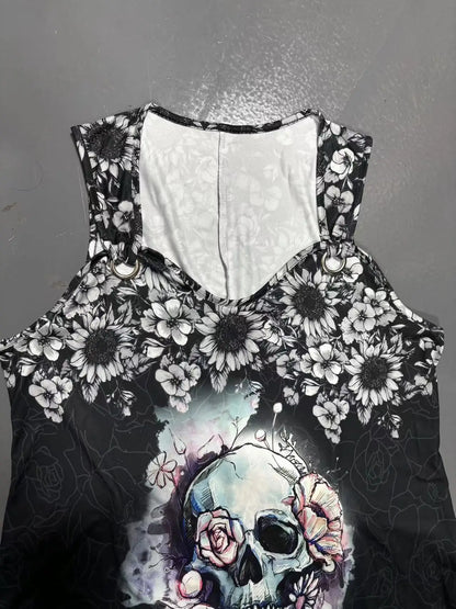 Vestido com estampa com cabeça de caveira feminino, laço curto, fivela, verão, moda, casual, tamanhos grandes, moda