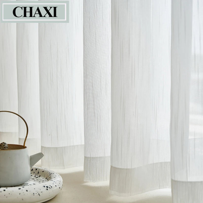 Cortinas transparentes de tul blanco a rayas, semisólidas, de tamaño personalizado, para sala de estar, dormitorio, cocina, cortinas de gasa