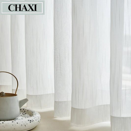 Cortinas transparentes de tul blanco a rayas, semisólidas, de tamaño personalizado, para sala de estar, dormitorio, cocina, cortinas de gasa