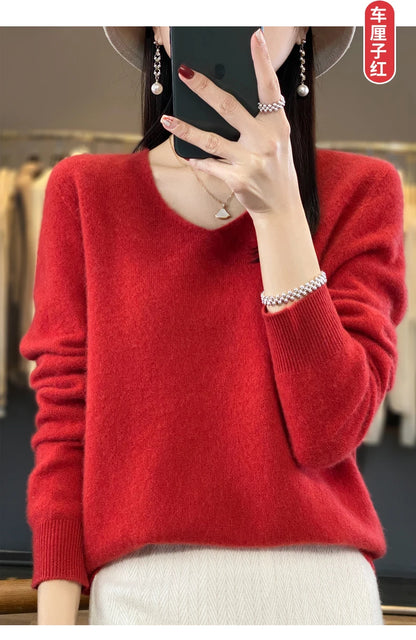 Suéter básico de otoño-invierno 2024 para mujer, 100 % lana merino, cuello en V, tejido de punto liso, jersey de oficina para mujer, manga larga, cachemir.