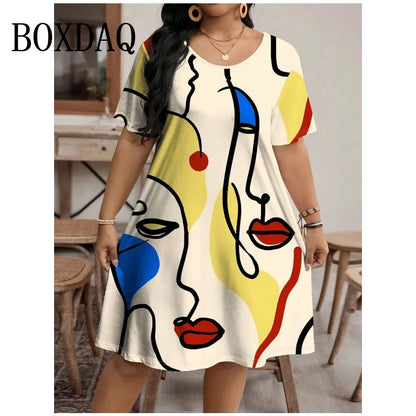2024 moda feminina vestido pintado arte rosto streetwear padrão impressão vestido de verão casual manga curta vestidos soltos plus size 9xl