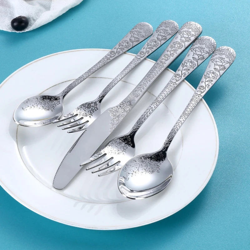 High Quality Cutlery Set Handle Exquisite carving Stainless Steel Golden Tableware Knife Fork Spoon Flatware Set Silverware Set