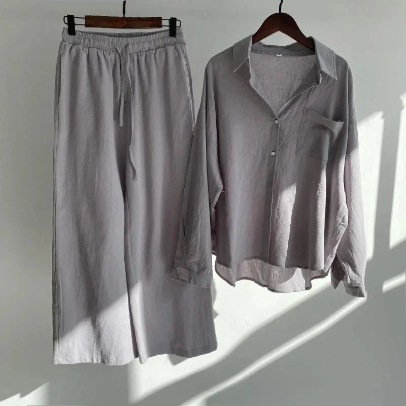 Plus size 2024 amazon mais vendido feminino vintage plus size algodão camisa de linho terno cintura alta solto ajuste calças 2 peça conjunto
