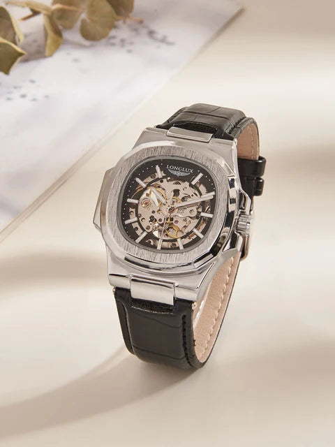 Reloj automático LONGLUX estilo deportivo, venta al por mayor, relojes de pulsera mecánicos de moda, reloj hueco de cuero para hombre, regalo 