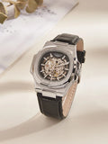 Reloj automático LONGLUX estilo deportivo, venta al por mayor, relojes de pulsera mecánicos de moda, reloj hueco de cuero para hombre, regalo 