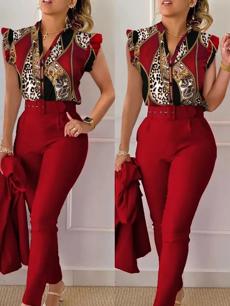 Conjunto elegante de dos piezas ajustado para mujer, moda de verano, estampado de cuello en V, botones, manga acampanada, camisa y pantalón largo liso con cinturón