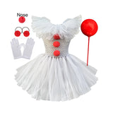 Fantasia Infantil de Palhaço Pennywise Assustador para Meninas – Vestido de Tule com Babados e Sem Mangas, Inclui Acessórios Completos – Ideal para Festas de Aniversário, Bailes de Máscaras e Halloween