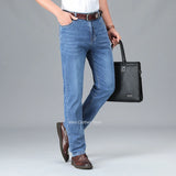 2024 Brand Thin or Thick Material Men's Elastic Cotton Jeans Fashion Gray Comfortable Denim Business Casual High Waist Pants