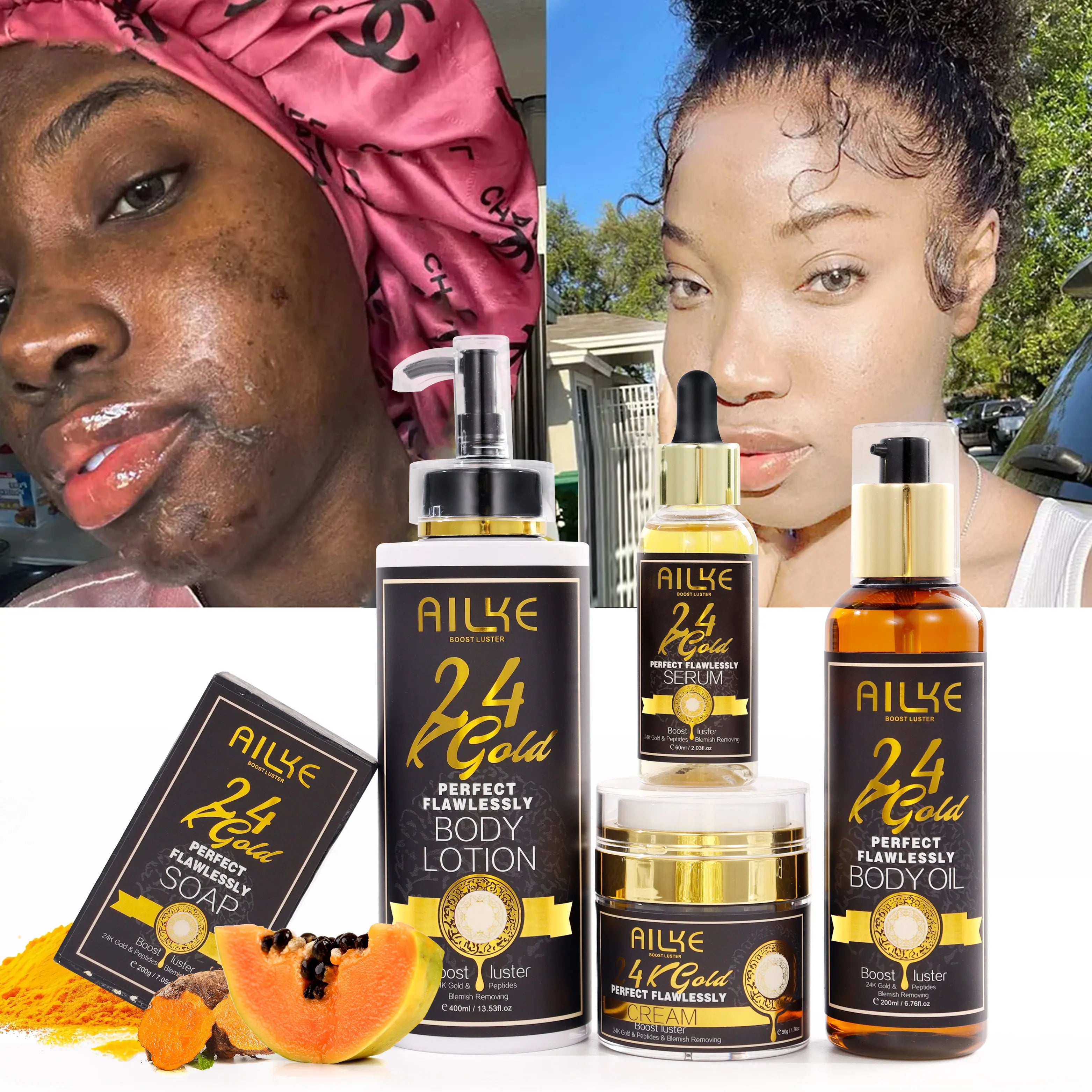 AILKE 24K Gold Flawlessly Skin Care Set, Whitening, Reduces Dark Spots, Pigmentation, Wrinkles, Moisturizes, For All Skin Types