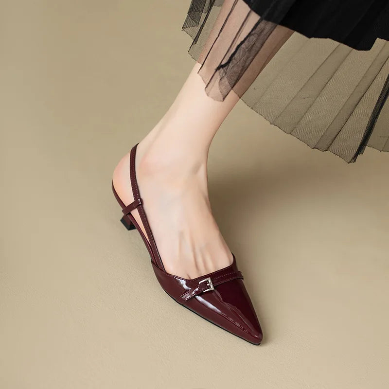 2024 New Summer French Wine Red Pointed Patent Leather Mid-Heel Overhead Sandals for Women Retro Skinny Heel Open-Back Shoes