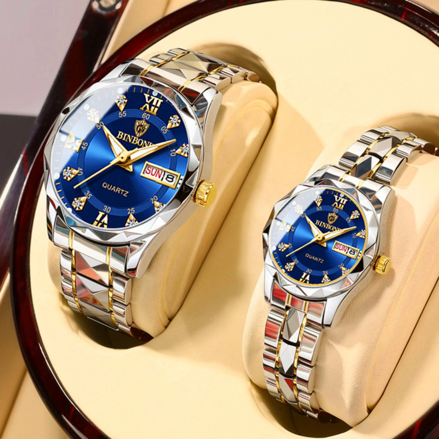Relógios de casal para homens e mulheres, moda impermeável, presente do dia dos namorados, aço inoxidável, cristal, relógio de quartzo, 30m, 2 peças, 2521