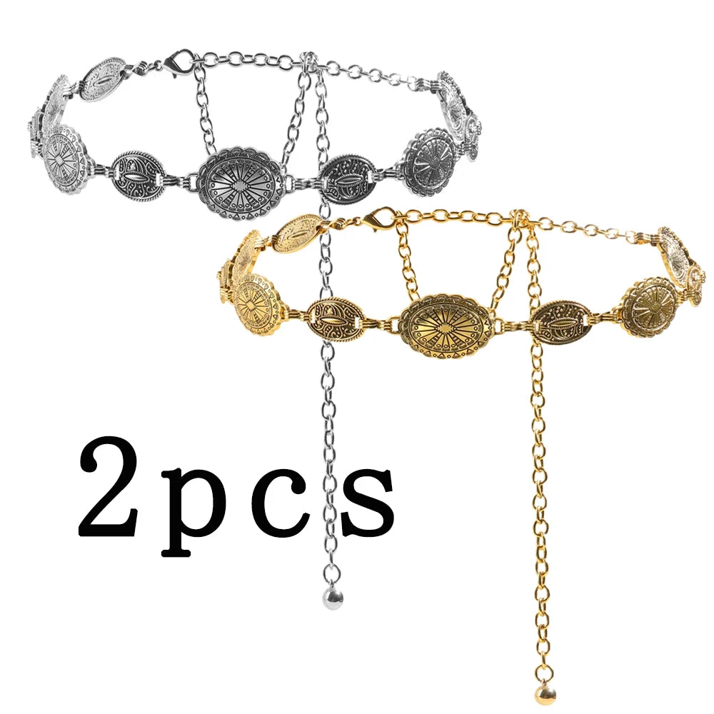 1/2pcs Retro Style WOMEN'S Metal Waist Chain Accessories Decorative Circle Carved Chain Belt High Style Accessories