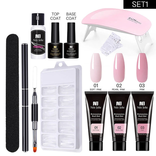 Kit de gel para uñas Poly con lámpara LED de 6 W, set todo en uno para manicura, gel de extensión semipermanente y uñas francesas acrílicas con herramienta