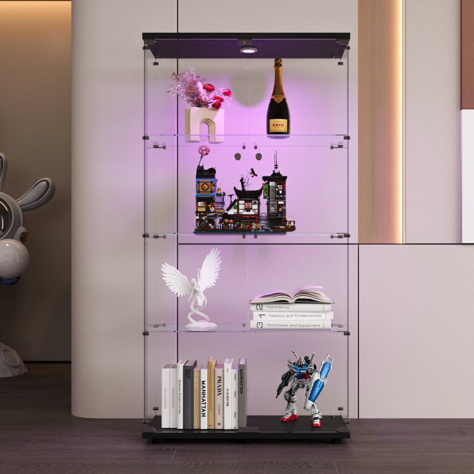 Anajqaqia Glass Display Cabinet with LED Light, with 4 Shelves 2 Doors, 80.49x36.49x163.9cm, Black