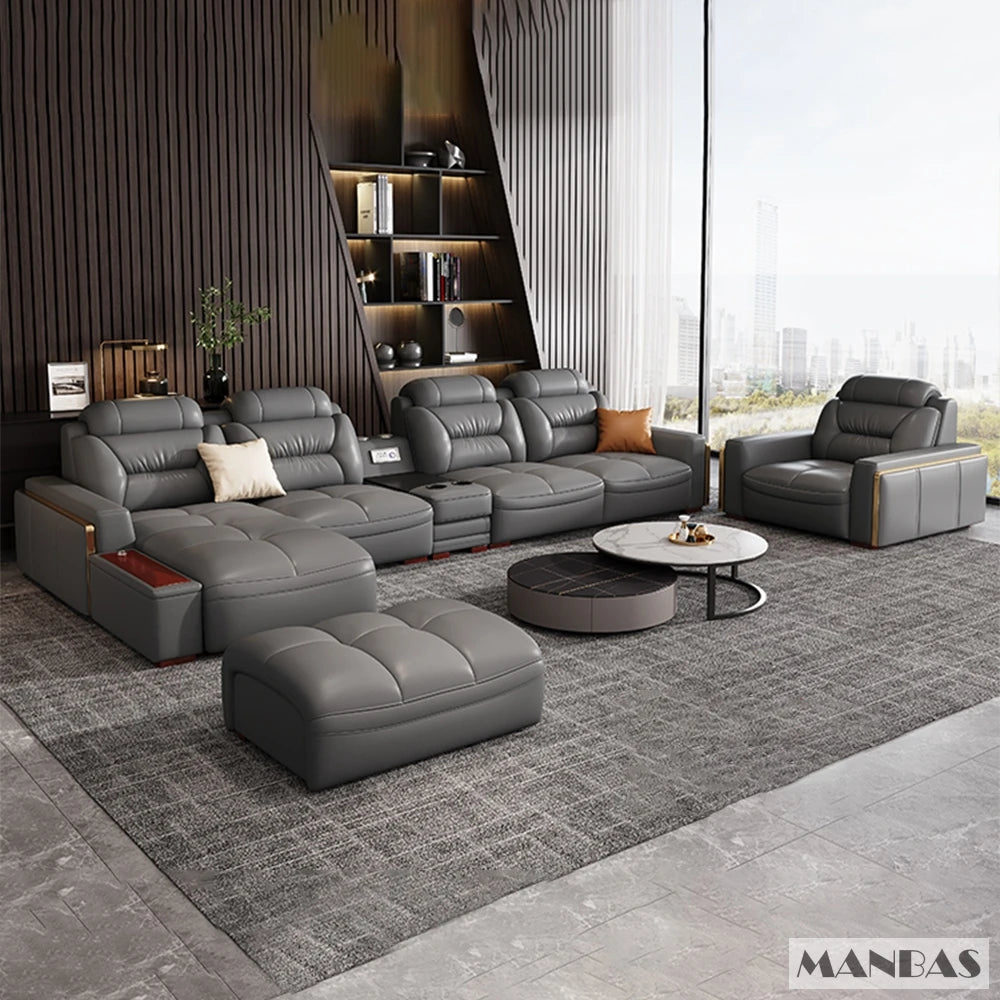 Juegos de sofás seccionales de cuero genuino italiano de primera calidad, sofás con USB y altavoz Bluetooth - Muebles de sala Linlamlim