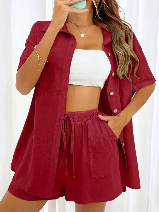 2 Pieces Women Sets Summer Solid Color Short Sleeve Open Stitch Button Blouse+Shorts Casual Women's Set Clothing