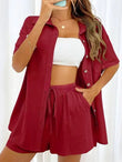 2 Pieces Women Sets Summer Solid Color Short Sleeve Open Stitch Button Blouse+Shorts Casual Women's Set Clothing