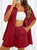 2 Pieces Women Sets Summer Solid Color Short Sleeve Open Stitch Button Blouse+Shorts Casual Women's Set Clothing