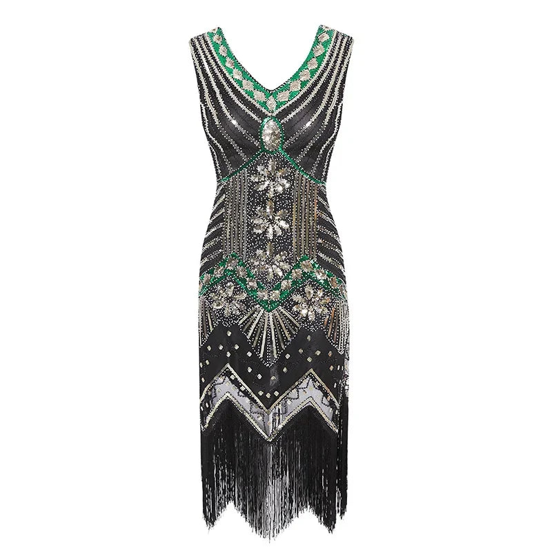 Mandylandy Women Vintage Dress Retro 1920s Great Gatsby Dress Sequin Flapper Sleeveless Dancing Party Prom Tassel Hem Dress