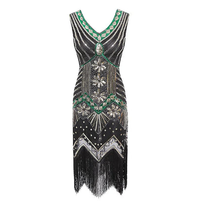 Mandylandy Women Vintage Dress Retro 1920s Great Gatsby Dress Sequin Flapper Sleeveless Dancing Party Prom Tassel Hem Dress