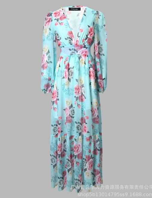 Maxi Dress for Women V-Neck Sleeveless Floral Printed Lantern Sleeve Large Swing Skirt High Waist Loose Dresses 2024 Summer New