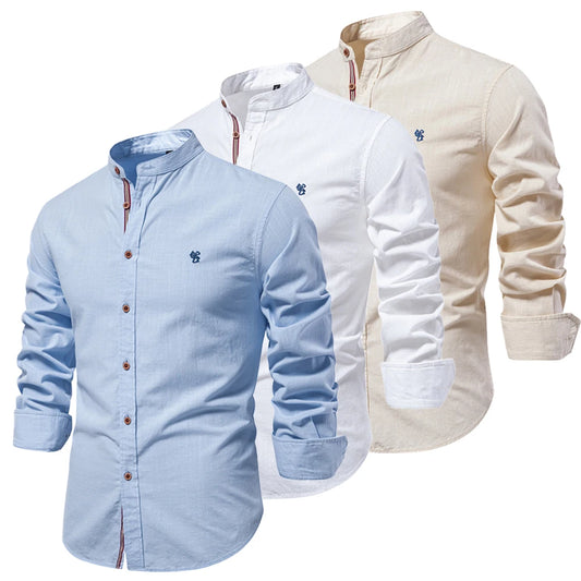 Camisa de lino 100% algodón para hombre, camisas de marca con bordado de color liso, blusas informales de manga larga con botones de alta calidad