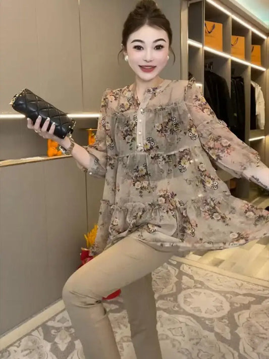 Vestido callejero explosivo de celebridades de Internet para mujer, nuevo estilo explosivo de verano, camisa floral de moda para reducir la edad, de talla mediana a larga