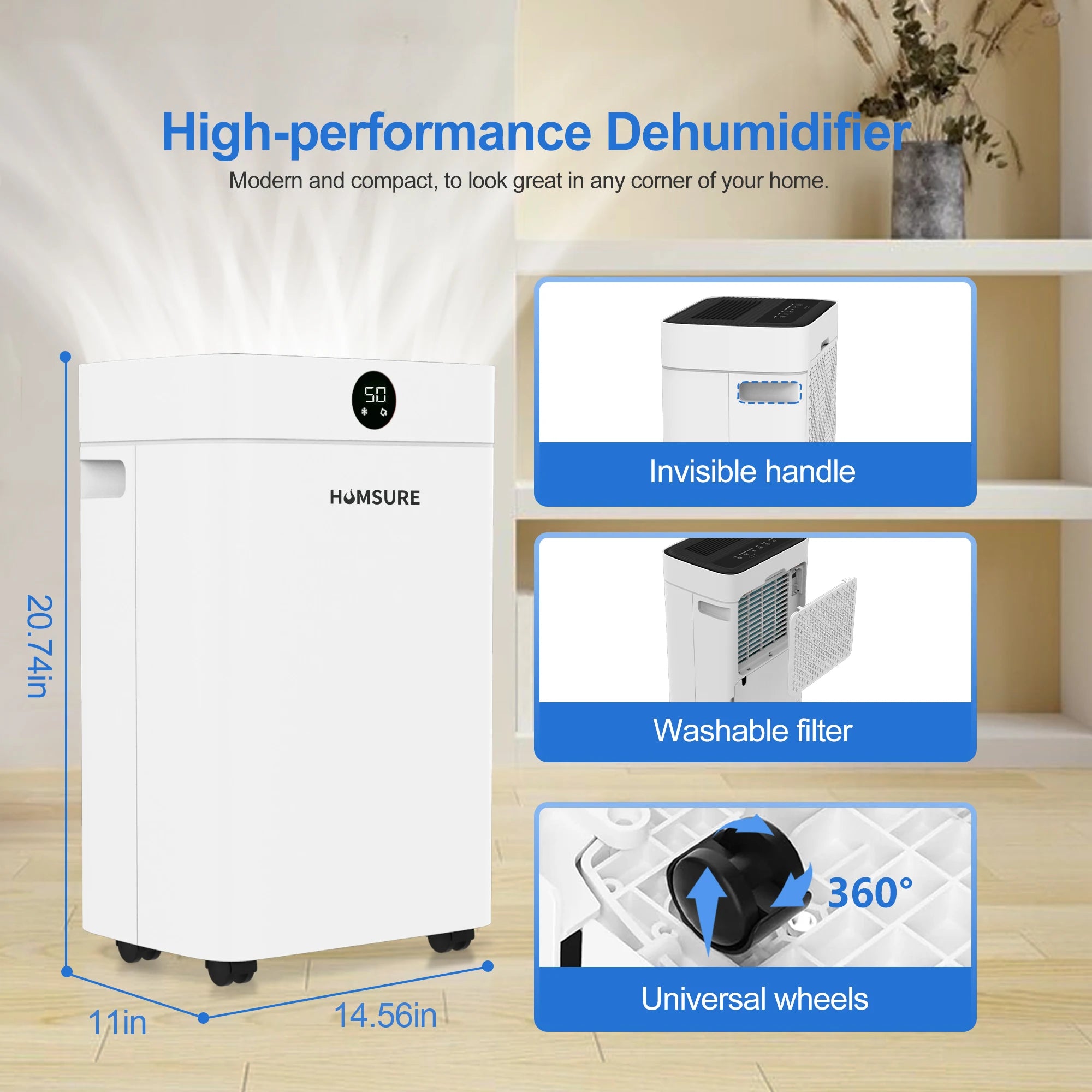 Dehumidifier 20 L, Dehumidifier Cellar Rooms with Digital Display, 24H Timer, Automatic Defrosting, Dry Clothes, Continuous Drai