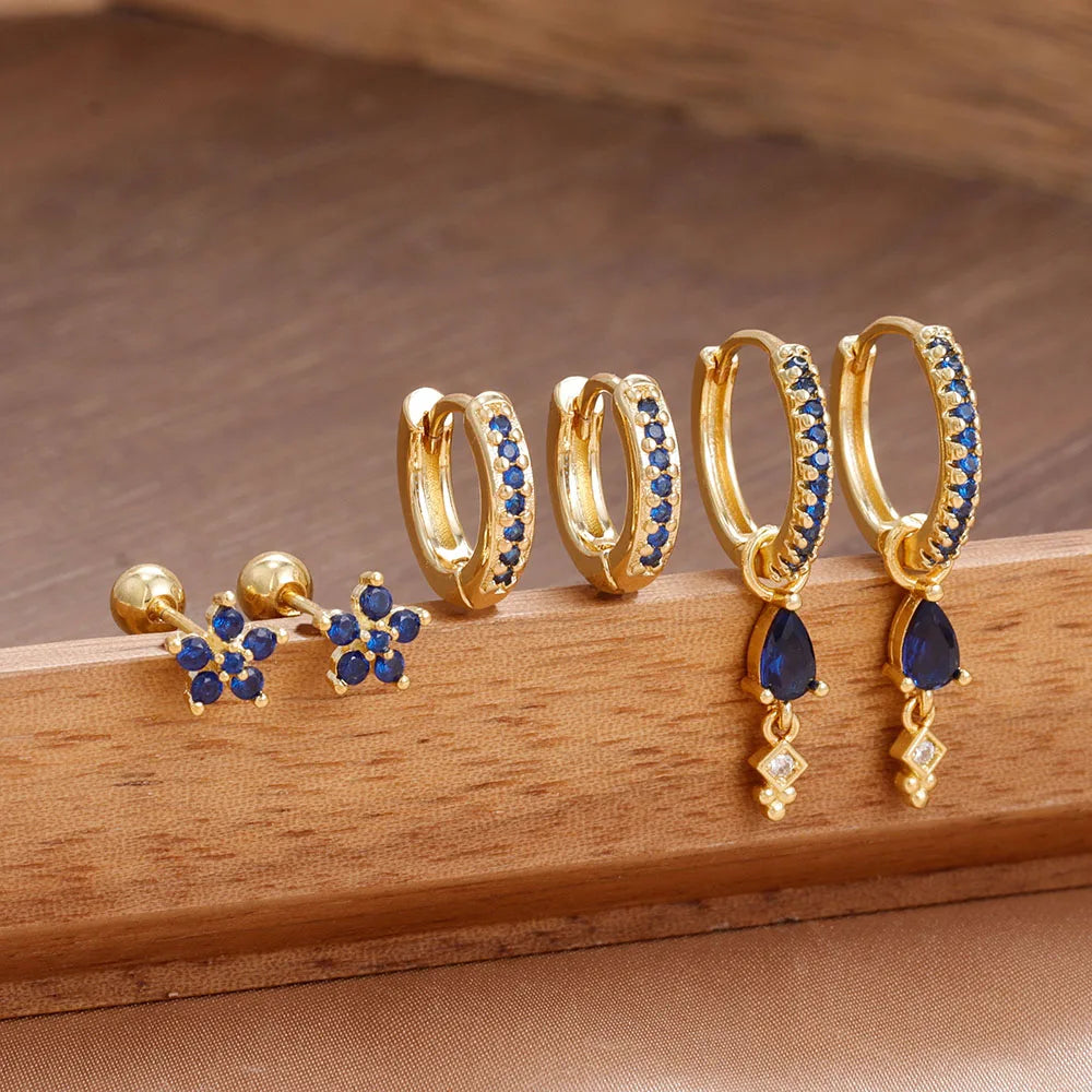 6PCS Cubic Zirconia Stainless Steel 14K Gold Plated Water Drop Earrings Five-Petaled Flowers ear stud For Women Set Jewelry Gift