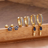6PCS Cubic Zirconia Stainless Steel 14K Gold Plated Water Drop Earrings Five-Petaled Flowers ear stud For Women Set Jewelry Gift